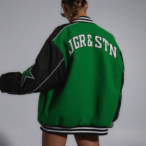 JGR & STN HAILEY LETTERMAN BOMBER JACKET GREEN/BLACK - Picture 1 of 2